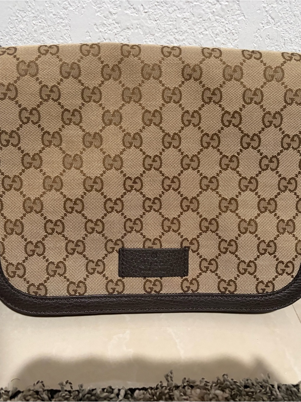 Gucci Beige GG Canvas Crossbody with Dark Brown Leather Trim
